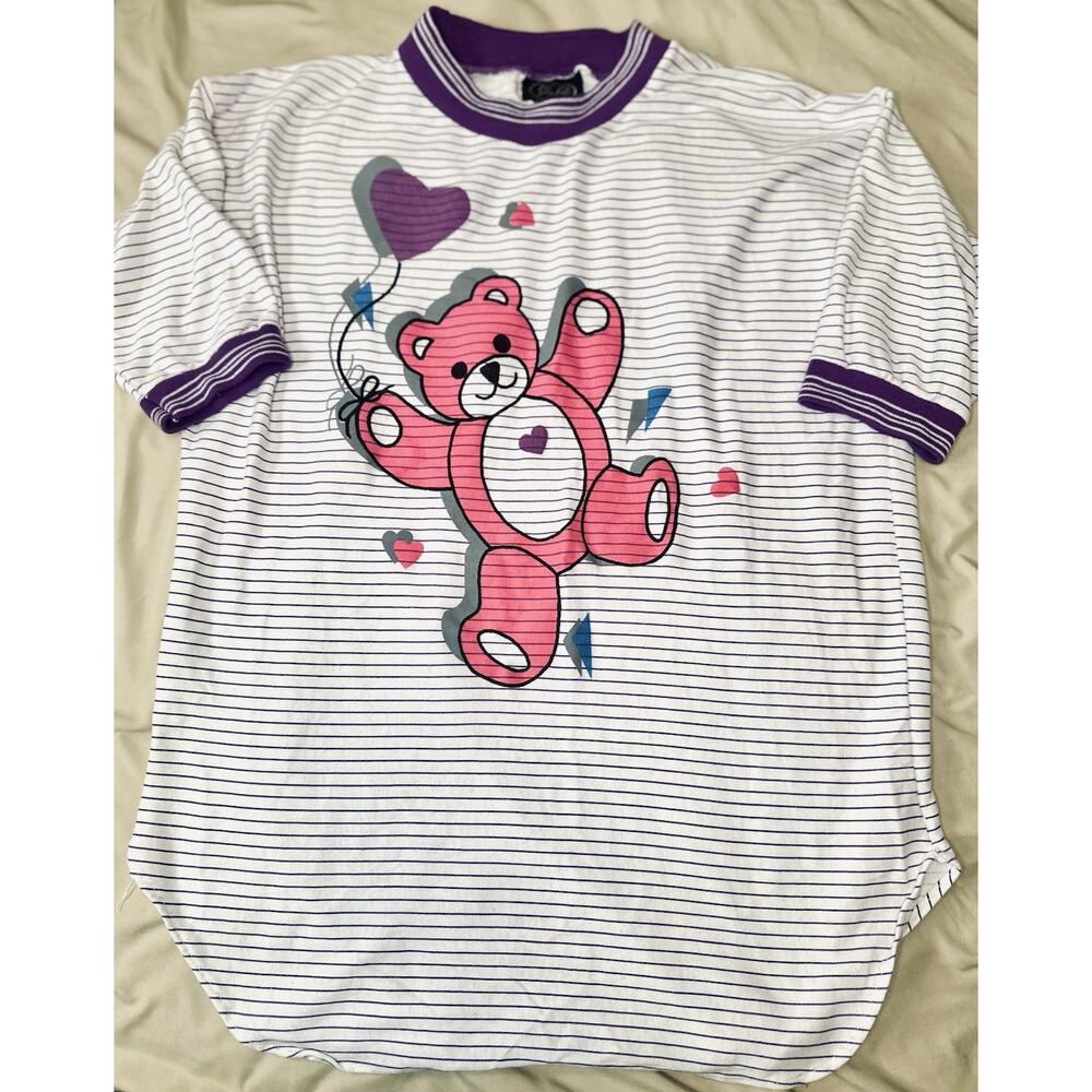 Vintage Sky Lite Purple Stripe Pink Bear Balloon Kidcore Tee Size Large